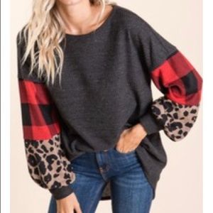 Charcoal Brushed Knit w Red Check Leopard sleeves